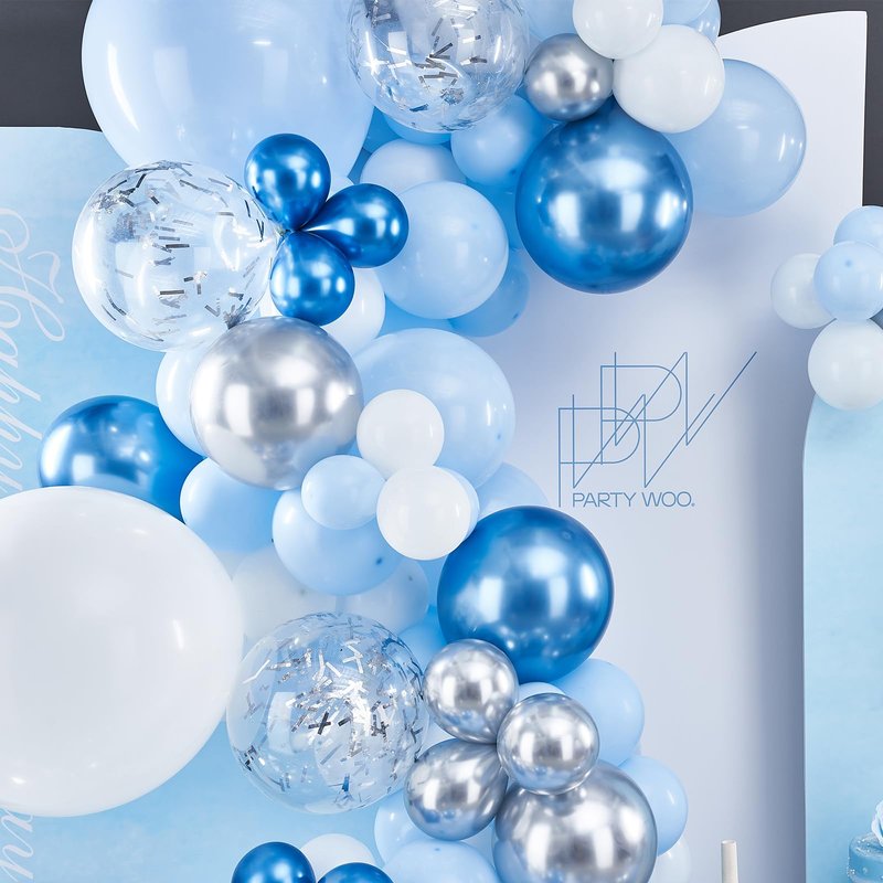 PartyWoo Blue White and Silver Balloon Arch Kit Garland 142pcs Different Sizes of 18 12 10 5 Inch Pastel Metallic Blue White Metallic Silver Confetti Balloons for Baby Shower Party Decorations
