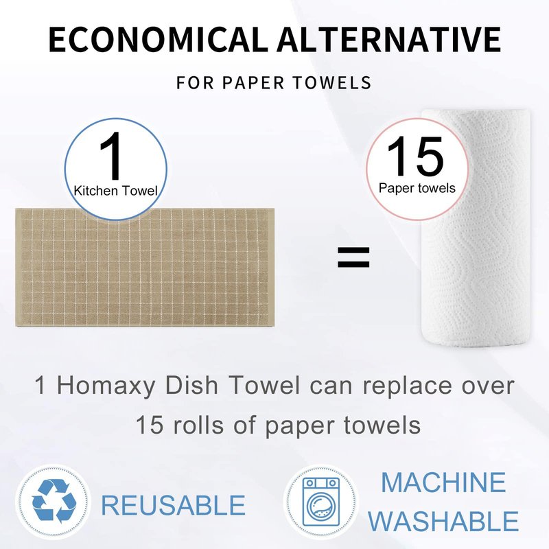 Homaxy 100% Cotton Terry Kitchen Towels(Tan, 13 x 28 inches), Checkered Designed, Soft and Super Absorbent Dish Towels, 4 Pack