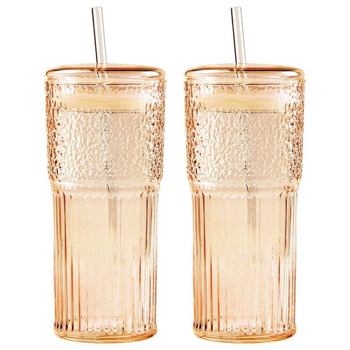 GOSCHE Glass Cups with Lids and Straws, 20oz Drinking Jar Glass Tumbler Iced Coffee Cups Set, Vintage Ripple Glassware Smoothie Cups for Water Coffee Tea, Amber, 2 Pcs