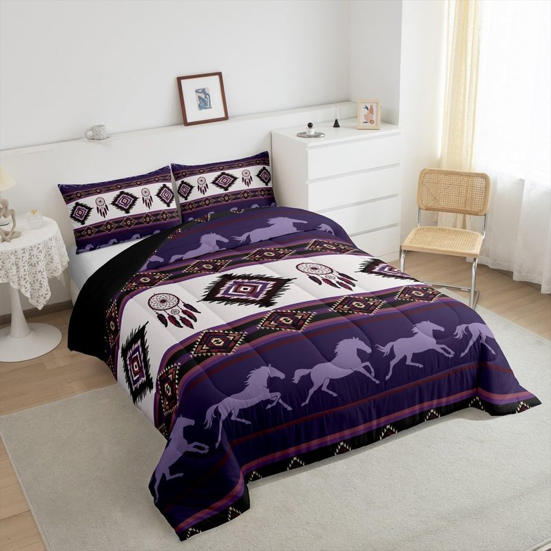 Castle Fairy Boho Aztec Kids Comforter Set Twin Size,Southwest Native Tribal Exotic Reversible Bedding Sets for Teens Bedroom Decor,American Ethnic Purple Horse Quilted Duvet,1 Pillowcase