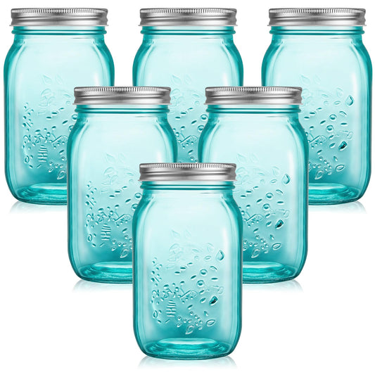 Tessco for you 6 Pcs 16 oz Mason Jars with Lids Regular Mouth Glass Canning Jar for DIY Crafts Flower Decor, Storage, Canning, Pickling, Preserving, Dishwasher Not Allowed(Peacock Green)