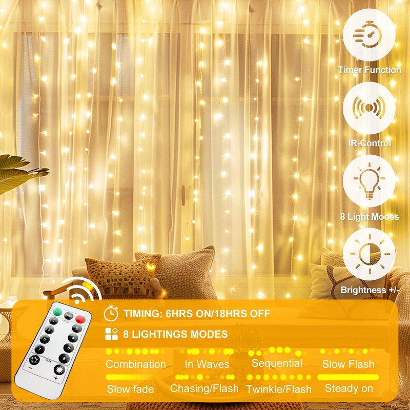 HOLITS 2 Pack 300 LED Fairy Curtain Lights, 9.8 x 9.8FT Warm White USB Plug in 8 Modes String Hanging Lights with Remote for Christmas, Bedroom, Indoor, Outdoor, Weddings, Party (Warm White)
