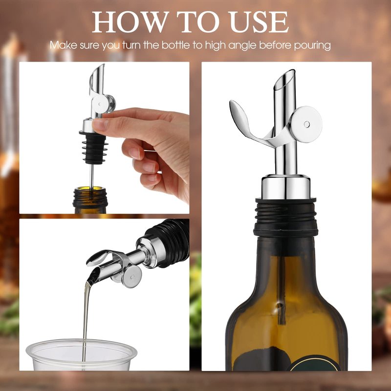 Kinlop 6 Pcs Weighted Stainless Steel Liquor Bottle Pourers Auto Flip Olive Oil Dispenser Spout Balsamic Alcohol Pourer Spouts (Silver)