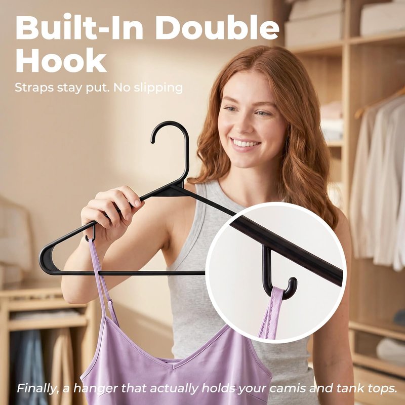 HOUSE DAY Plastic Hangers 20 Pack, Space Saving Clothes Hangers with Built-in Hooks, Durable & Strong Closet Organizers and Storage, Dorm Room Essential, Perfect for Shirts, Coat, Pants, Dress - Black