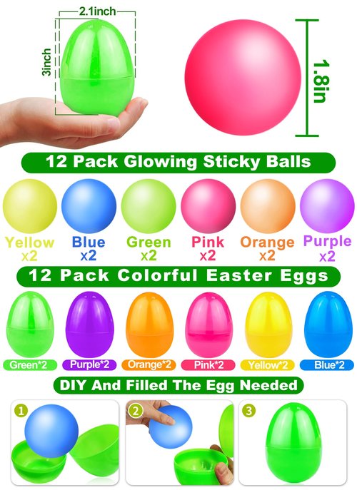 Easter Egg Fillers, 12 Pack 3" Large Filled Easter Eggs Glow in The Dark Sticky Ceiling Balls Stress Relief Fidget Toys for Kids Boys Girls Toddlers Teens Easter Basket Stuffers Hunt Party Favor Gifts