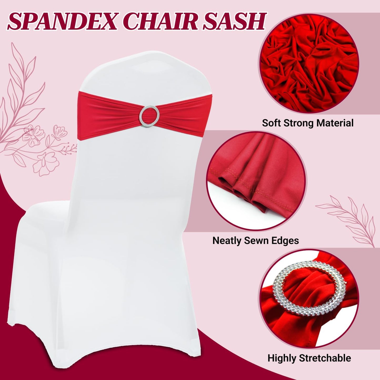 MDS Spandex Chair Sashes - Universal Fit Elastic Stretch Bands with Slider Bow - 150 Pack, Red