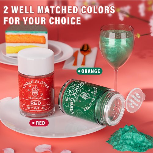 Cherrysea Edible Glitter for Drinks Cocktails Food Grade Edible Drink Shimmer Powder for DIY Champagne Beverages Wine 2 Colors Vegan Edible Luster Dust Set 4g/Bottle Gluten Free - Green+Red