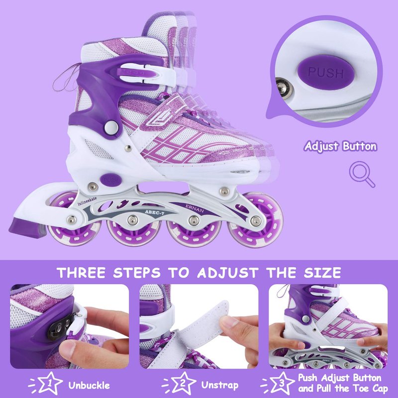 Kids Inline Skates for Girls Boys Beginners Adjustable, All 8 Wheels Illuminating. (Purple, Small (12J-2))
