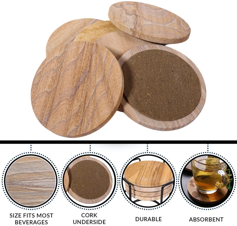 Marbco Sandstone Water Absorbent Hand Crafted Round Coasters for Drinks - 4 Inches Wide Thirsty Stone Bar/Drink Coasters- Made from Rainbow Sandstone (Set of 6 Without Holder)