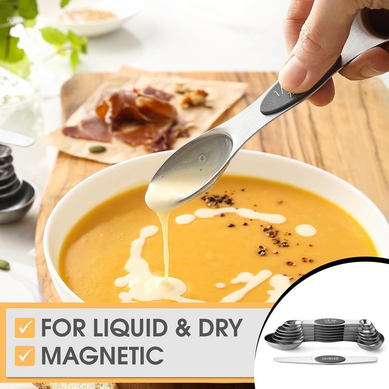 Spring Chef Stainless Steel Magnetic Measuring Spoons Set of 8 with Leveler, Dual Sided Metal Teaspoon & Tablespoon Measuring Spoons - Kitchen Gadgets For Baking and Cooking, Gray