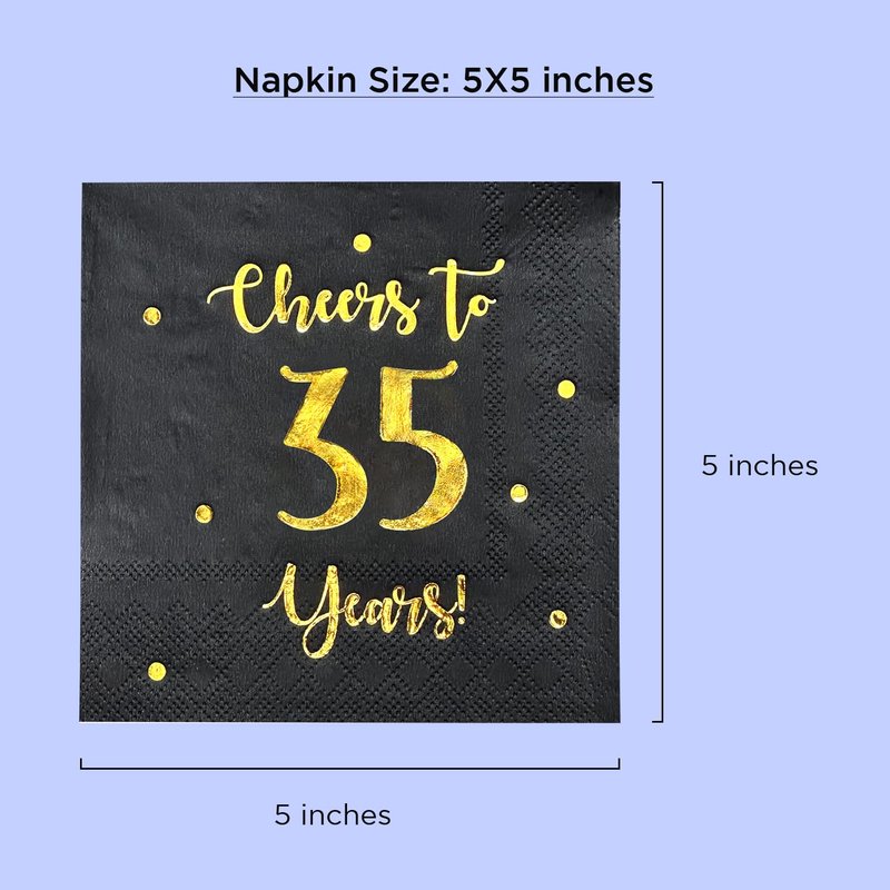 Cheers to 35 Years Cocktail Napkins | Happy 35th Birthday Decorations for Men and Women and Wedding Anniversary Party Decorations | 50-Pack 3-Ply Napkins | 5 x 5 inch folded (Black)