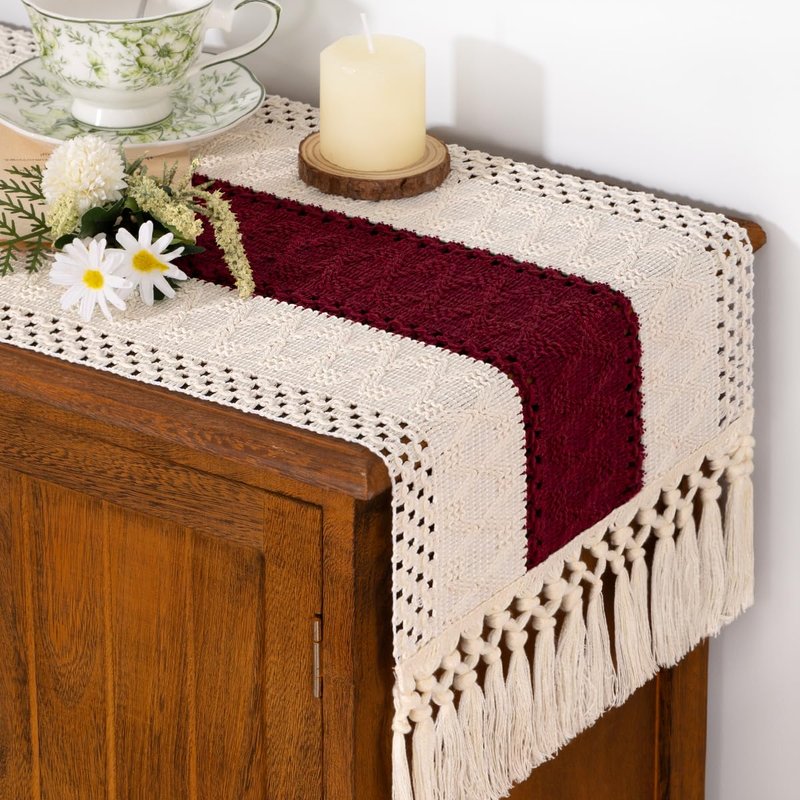 Socomi Boho Table Runner Easter Spring Farmhouse Rustic Dining Kitchen Centerpiece Decor Small Macrame Woven Cotton Linen Coffee Table Runner for Dresser Scarf Home Decor 12x36 in Burgundy Ivory