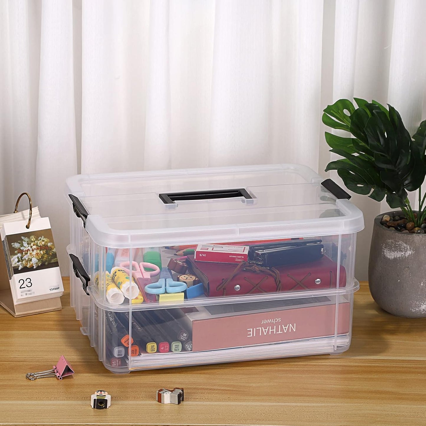 JUXYES Stackable Storage Box - 2-Tier Transparent Container with Handle for Office & School Supplies