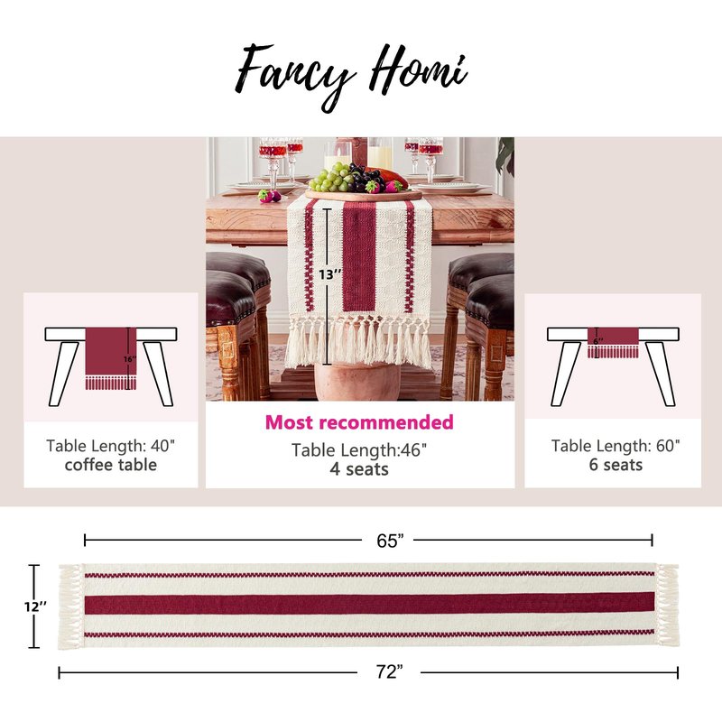 Fancy Homi Burgundy Table Runner 72 Inches Long Boho Macrame Christmas Table Runner for Home Decor, Farmhouse Table Runners with Tassels for Party Rustic Bridal Shower Dining Decor 12x72 Inches