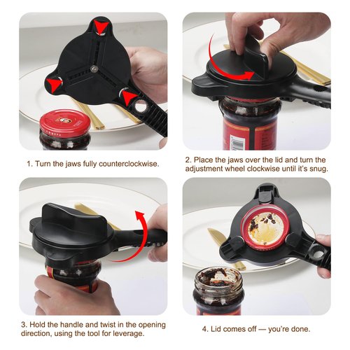 Jar Opener for Seniors, 4-in-1 Adjustable Lid Opener with Non-Slip Grip, Includes Magnetic Hook & Rubber Gripper, Suitable for Jars, Bottles and Beer Caps, Perfect for Arthritis and Weak Hands