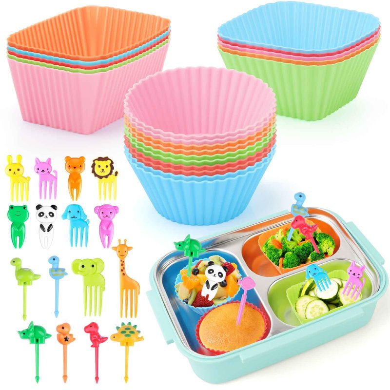 Vicuna R 80PCS Silicone Lunch Box Dividers Kit, Reusable Silicone Cupcake Liners Muffin Cups, Fun Lunchbox Bento Box Accessories, Cute Food Picks for Kids (20 Baking Cups + 60 Animal Picks)