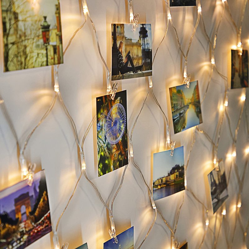 Hiboom Christmas Fairy Lights with Clips, Net Photo Clips String Lights, LED Hanging Photo Display, 8 Modes Battery Operated Christmas Lights for Home Wall Decoration, Warm White(3.3 x 3.3 ft)