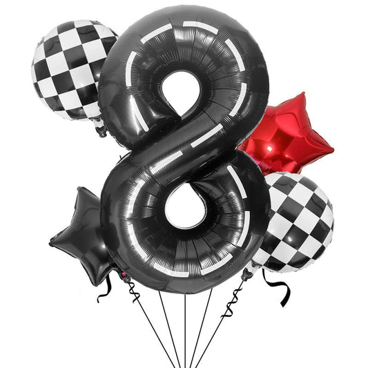 Race Car 8 Balloons 40 Inch Racetrack Number 8 Balloon, Road Balloon Checkered Balloons Star Balloons Large Black Racing Car 8 Balloon for Race Car Truck Tire Theme Boys 8th Birthday Party Supplies