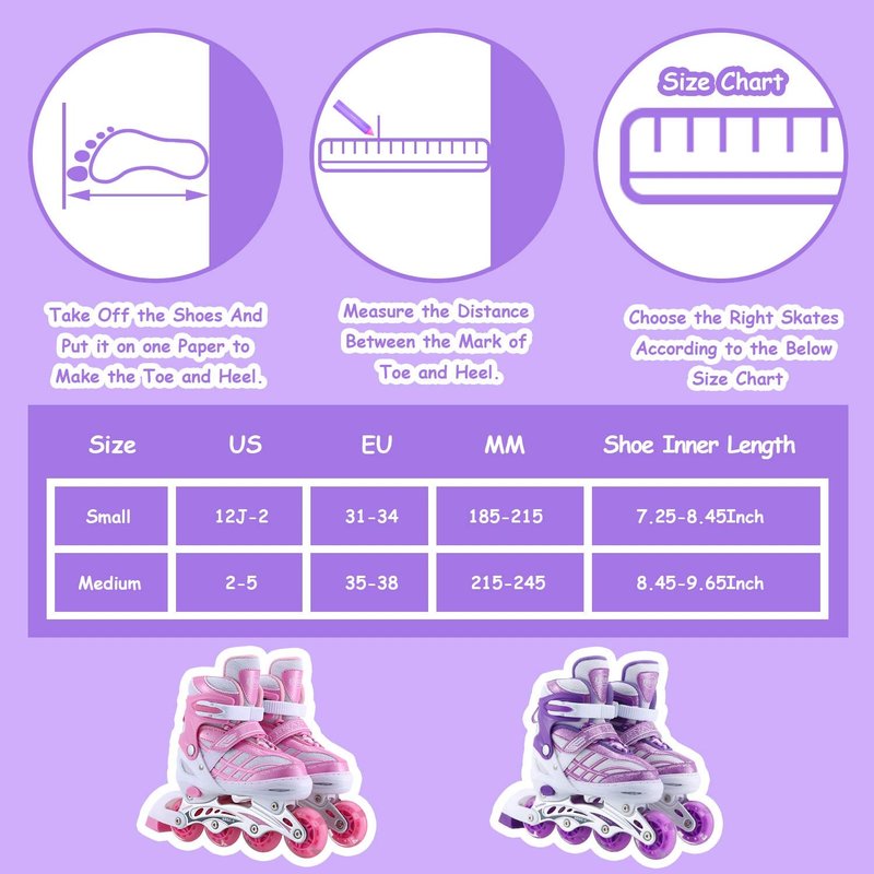 Kids Inline Skates for Girls Boys Beginners Adjustable, All 8 Wheels Illuminating. (Purple, Small (12J-2))