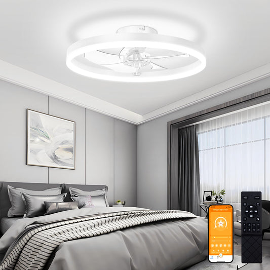 VOLISUN Low Profile Ceiling Fans with Light and Remote,15.7in Modern Bladeless Ceiling Fan with Lights,3000K-6500K Dimmable Flush Mount LED Fan Light,Brown Fandelier Ceiling Fans for Bedroom