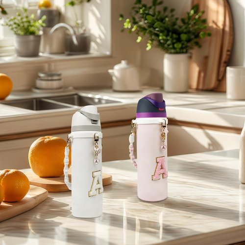 Cute Letter Charm Set Compatible with Owala Water Bottle 24 oz, 32 oz, 40 oz, Owala Kids, Owala Coffee Tumbler, Owala FreeSip – Includes Handle Strap, for Owala & Stanley Cup Accessories (White, K)