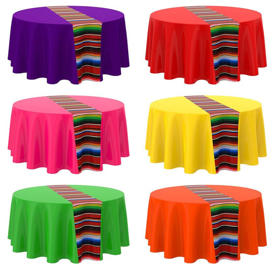 Oudain 6 Pcs Mexican Fiesta Tablecloth 84 Inch Cinco De Mayo Round Tablecloth Plastic Tablecover Waterproof Striped Serape for Mexican Carnival Wedding Taco Loteria Party Decor (Multicolor)