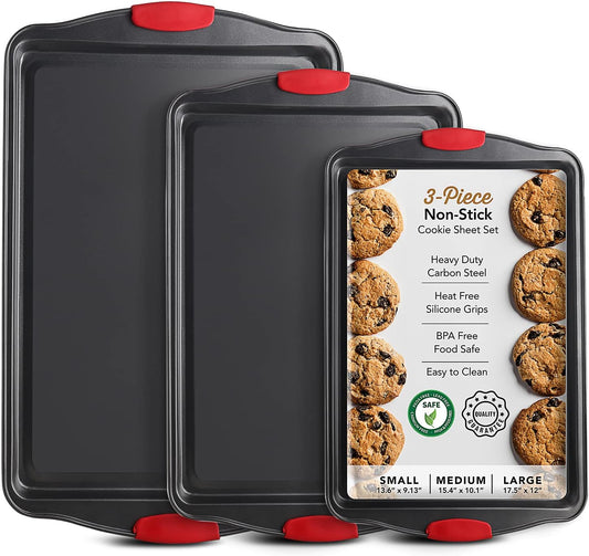 Skiennix Baking Sheet Set - 3-Piece Nonstick Cookie Sheets with Silicone Handles | Durable Steel Pans - Black