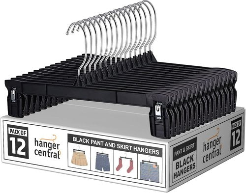 Hanger Central 12 Inch Slim Pants Hangers - Heavy Duty Non-Slip Clips for Skirts & Shorts | 12 Pack - Black