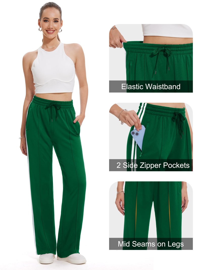 Tapata Women 30" Inseam Warm Up Track Pants Wide Leg Baggy Sweatpants Lightweight Side Stripe Ladies Slacks Workout, Green, L