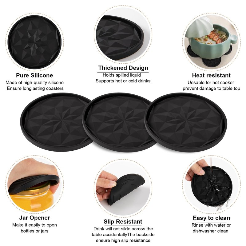 OIAHOMY 8 Pcs Coasters with Holder for Beer, Coffee, Silicone Coaster Set for Table Decor for Kitchen, Bar, Dining Room, Living Room, Housewarming Gifts - Black