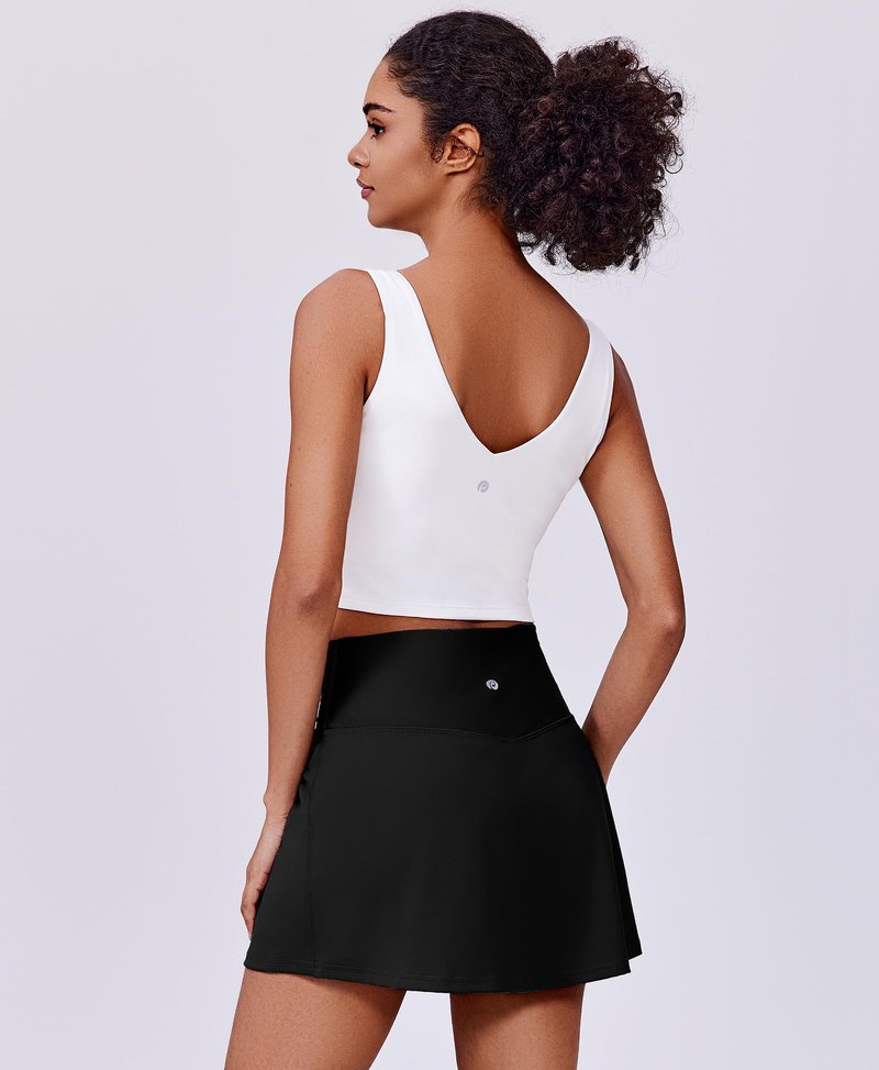 PINSPARK Tennis Skirts for Women V-Waisted Athletic Skort Quick Dry Golf Skirts with 2 Pockets Shorts, Black Small