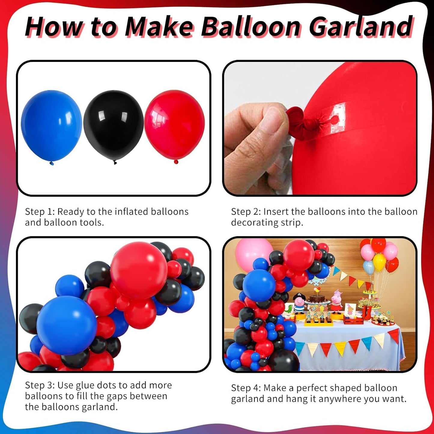 Skiennix Balloon Arch Garland Kit - 101 Pcs Matte Red, Black & Royal Blue Latex Balloons | Halloween & Birthday Party Decor