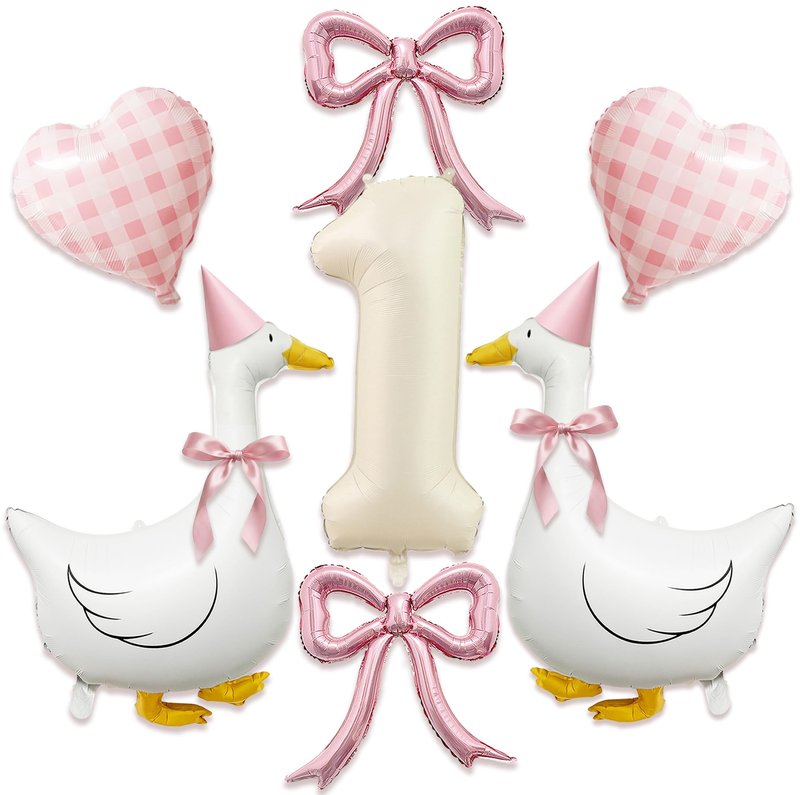One Silly Goose 1st Birthday Decorations Girl – 40 Inch Number 1 Balloon, Goose Balloons with Pink Bow & Hats, Cute Baby Girl First Birthday Party Supplies