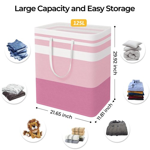 HomeHacks 2 Pack Large Laundry Baskets, Waterproof, Freestanding Laundry Hampers, Collapsible Clothes Hamper with Reinforced Handles in Laundry, College Dorm, Bathroom, Bedroom (Blue+Pink, 125Lx2)