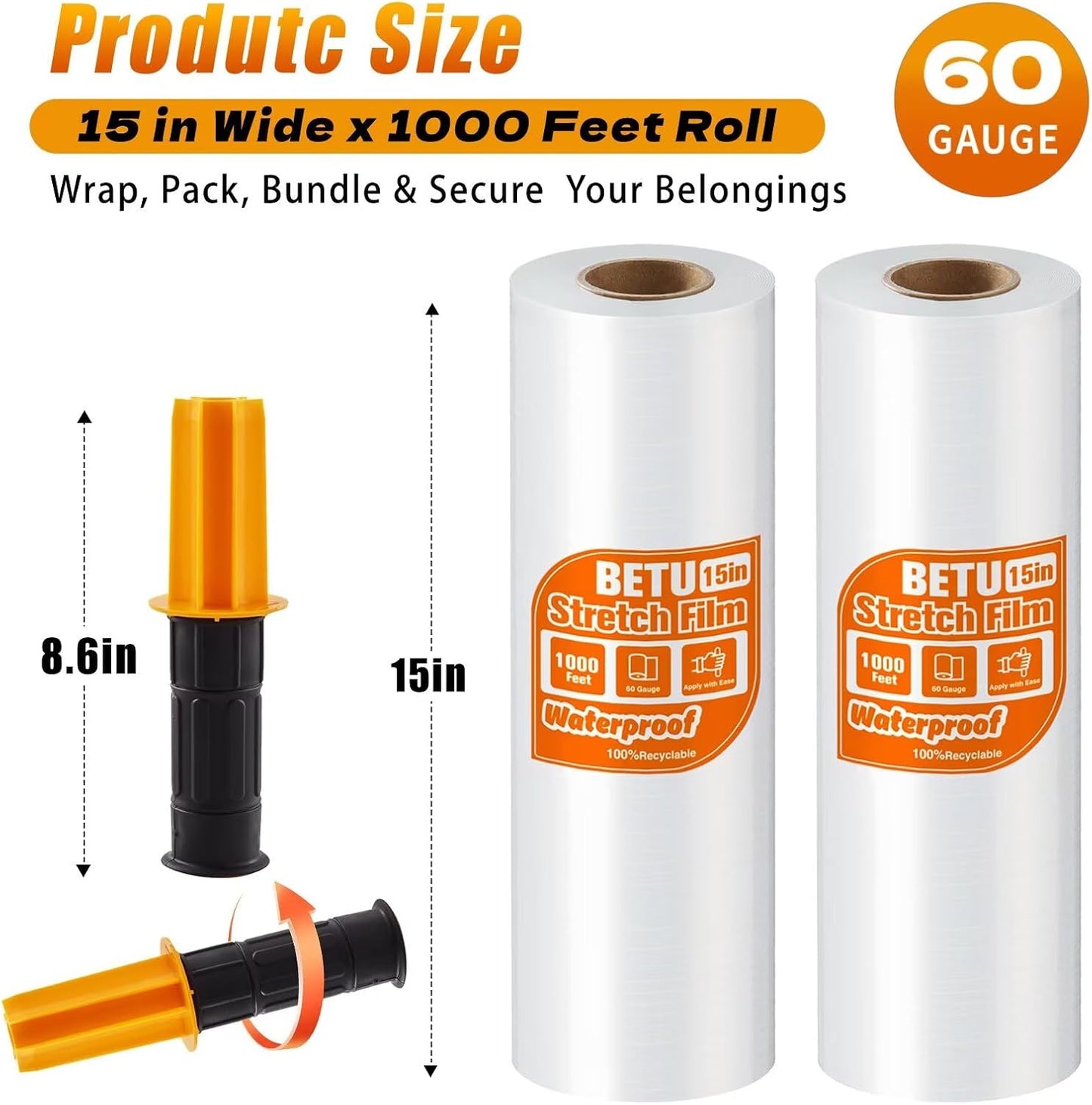 Stretch Film Shrink Wrap - Industrial Strength 15 Inch x 1000ft | 2 Pack Clear Plastic Wrap for Moving & Storage