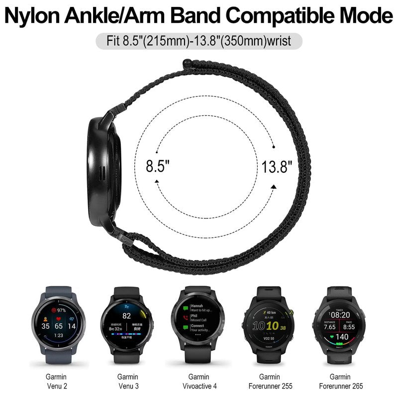 Oanux 22mm Sport Ankle/Arm Band Compatible with Amazfit Helio, Quick Release Breathable Nylon Bicep Strap Replacement for Garmin Venu 3/Venu 4 45mm/Venu 2/Vivoactive 4 & Forerunner 570-47mm/265/255