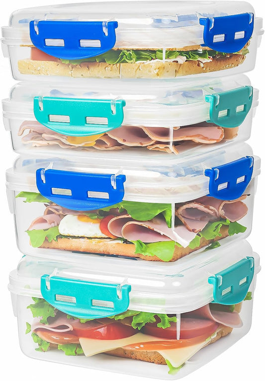 Skiennix 4 PCS Sandwich Containers - 100% Airtight, BPA-Free, Microwave & Dishwasher Safe | Upgraded Snaps, 2 Heightened & 2 Standard