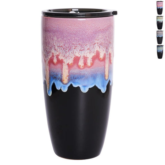 Bosmarlin Ceramic Travel Coffee Cup with Lid, 21 oz, Portable Coffee Mug for Car Cup Holder, Microwave Safe, Reactive Glaze (Pink)