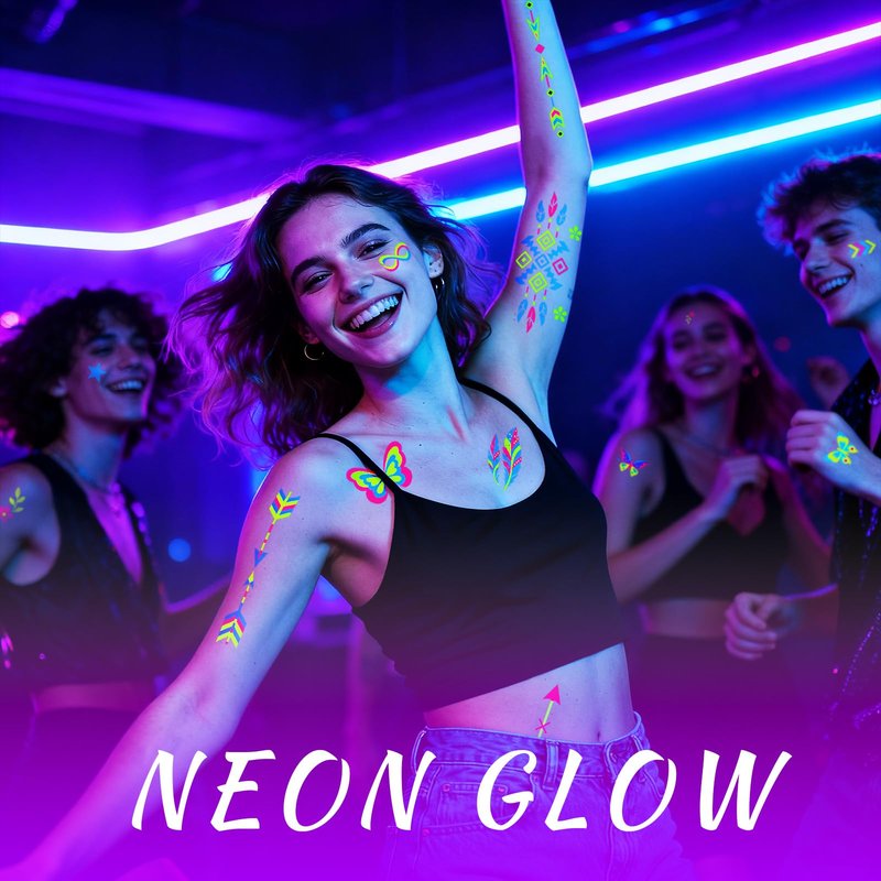 Glow in the Dark Party Supplies Temporary Tattoos 192+ PCS, Neon UV Blacklight Reactive Face Tattoos for for Party Supplies, Fluorescent Henna Flower Temporary Tattoos for Adults, Teens