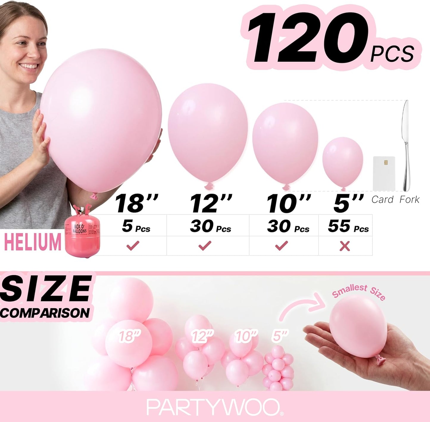 PartyWoo Light Pink Balloons - 120-Piece Pastel Balloon Arch Kit for Baby Showers & Birthdays | 5-18 Inch Sizes