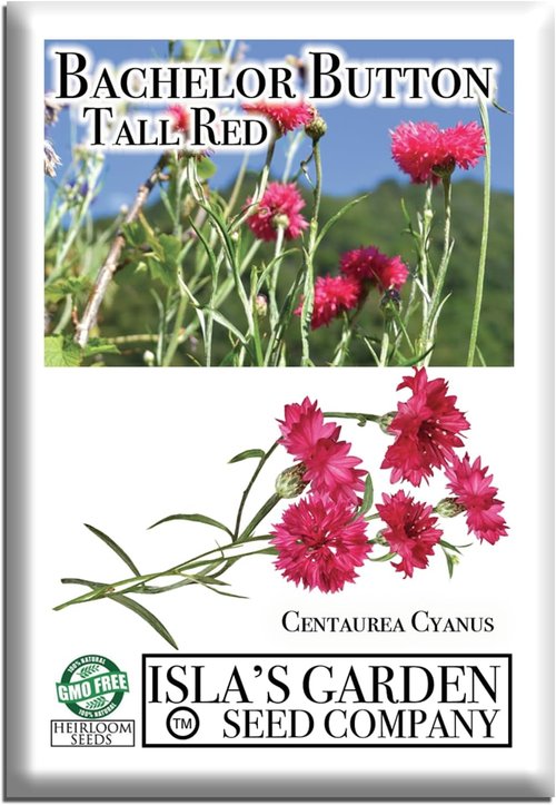 Isla's Garden Seeds Tall Red Bachelor Button Seeds - Non-GMO Heirloom Cornflower for Easy Summer Blooms | Classic Cut Flowers for Beds & Borders