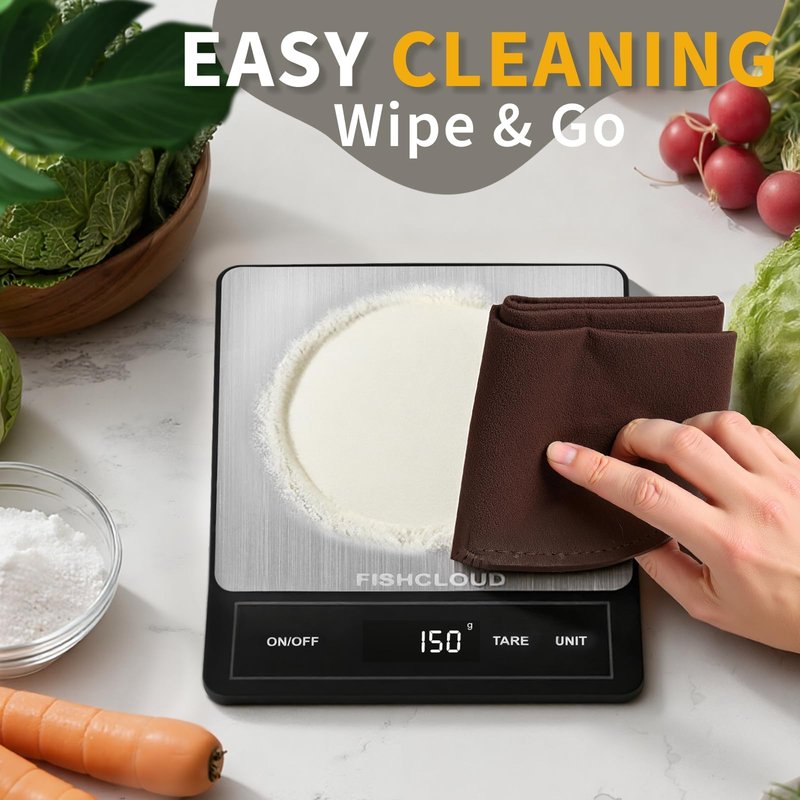 FISHCLOUD Food Scale - Rechargeable Digital Kitchen Scale 33lb, 1g/0.05oz Precision, Type-C, Stainless Steel, Grams/Ounces, LCD Display, for Cooking/Baking/Meal Prep (Ash Silver)