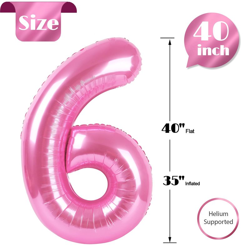 Pink 6 Balloon, Number Balloons 40 Inch, 6th Balloons for Birthday Decorations, Pink Party Supplies 6 Birthday Balloon, Number 6 Balloon