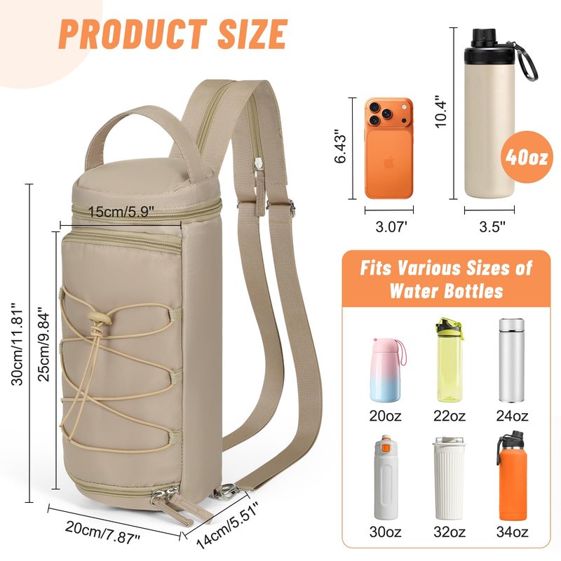 Nuovoware Small Sling Backpack, Sling Bag 25oz/32oz/40oz/50oz Water Bottle Carrier with Zippered Cap, 2 Pockets, Adjustable Shoulder Strap Carrier for Walking Traveling, Camel