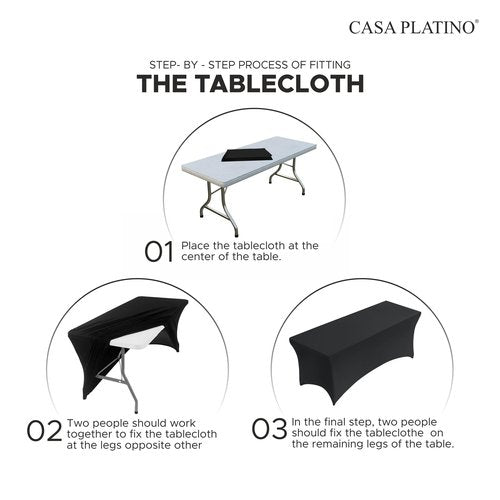 Casa Platino Spandex Tablecloths Rectangular - 2 Pack 8FT Black Table Cloth for Rectangular Fitted Folding Tables, Wrinkle Resistant, Stretchable Table Covers for Party, Wedding, Cocktail & Birthday