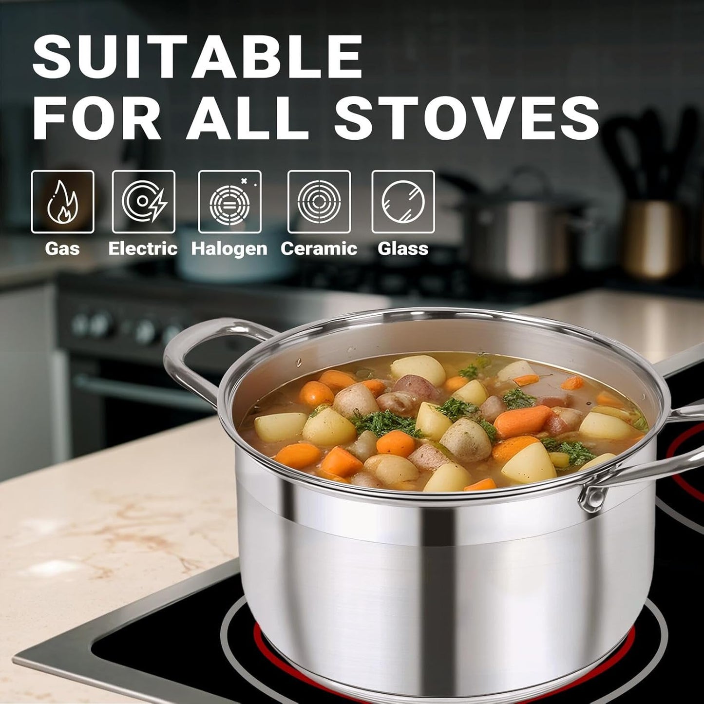 Kirecoo Stainless Steel Stock Pot - 12 Quart Heavy-Duty Nonstick Cooking Pot with Visible Lid | Ideal for Pasta, Soup, and Canning