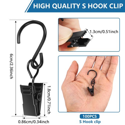 BXUYAOXMC 100-Pack Heavy Duty S Hooks with Clips, 2.36 Inch Metal String Light Clips for Outdoor Patio, Rust-Proof Curtain Hooks for Hanging Christmas Lights, Party Decor, Gutters, Awning - Black