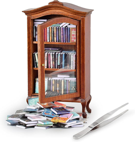 Skiennix Miniature Bookshelf - Unique Stress Relief Bookcase with 100+ Miniature Books | Perfect Gift for Book Lovers
