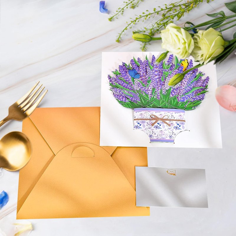 ROBBEAR Lavender Bouquet Pop Up Card, 3D Flower Greeting Card with Envelope for Any Occasion, Birthday, Mother's Day, Anniversary, Valentines Day, Foldable Flower Cards for Wife or Friends