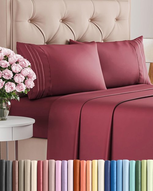 Cal King Size 4-Piece Sheet Set - Comfy Cooling Bed Sheets for Luxury Hotel Feel - Oeko-Tex Certified - Burgundy